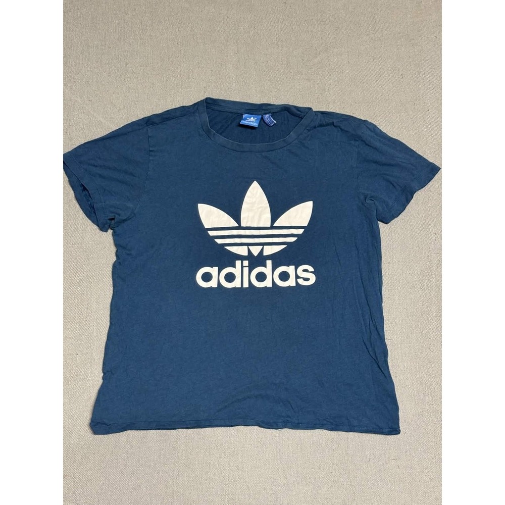 Adidas Womens Graphic Tee Navy Blue Trefoil Logo T-shirt Size XS Cotton Blend